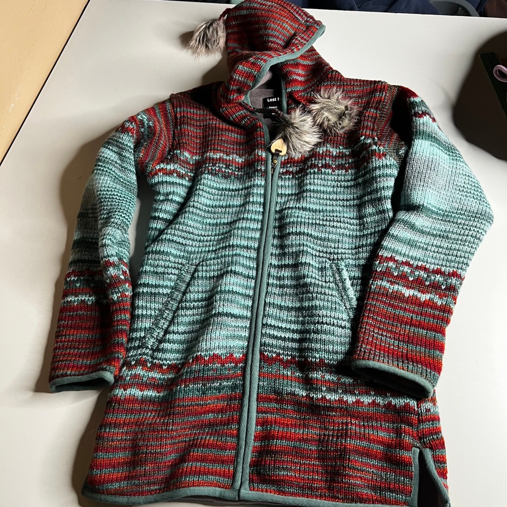 Lost Horizons Wool Fleece Lined Hooded Cardigan Sweater Teal Red Pom Pom Medium